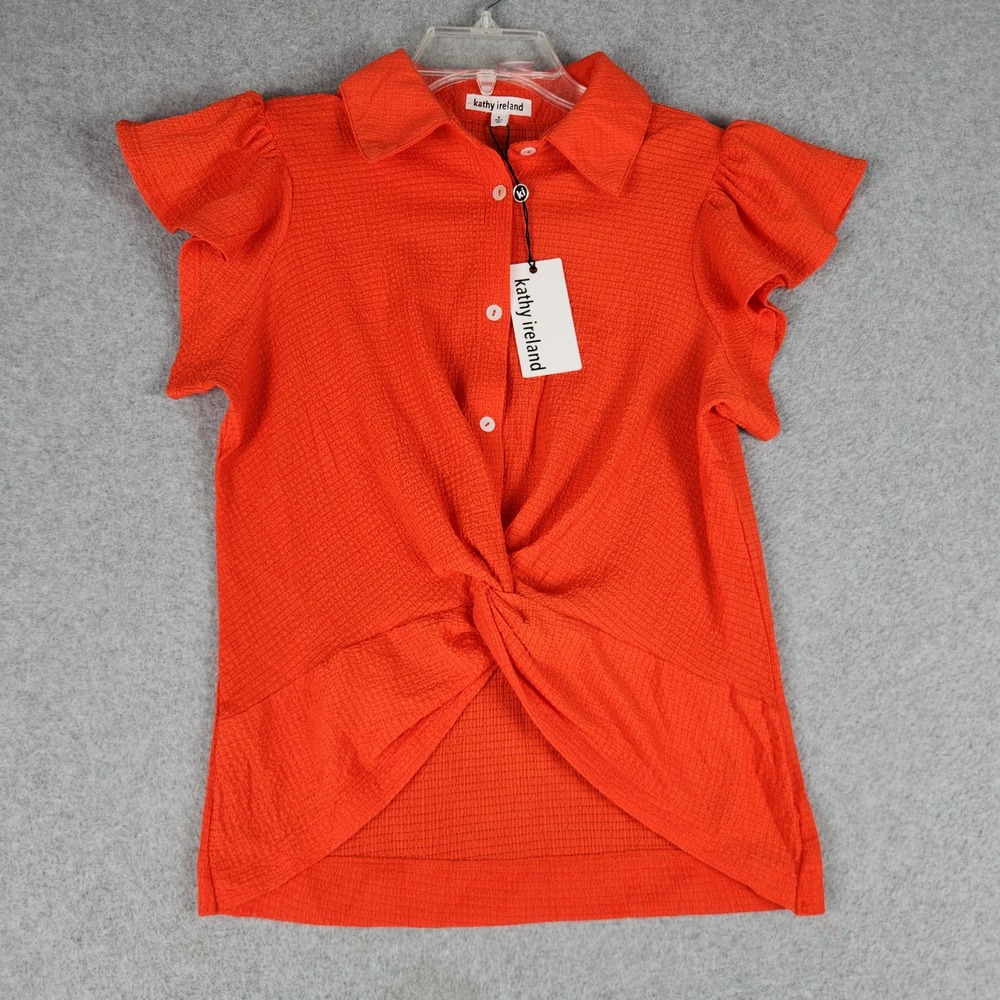 Kathy Ireland Top Womens S Orange Textured Twist Front Flutter Sleeve Button Up